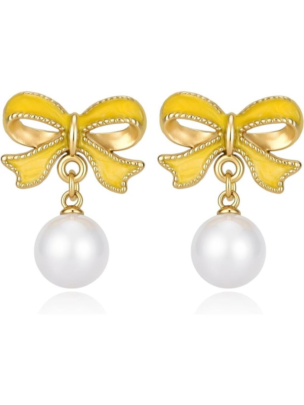 Women's Gold Plated Yellow Enamel Bow Pearl Drop Dangle Earrings Elegant Jewelry
